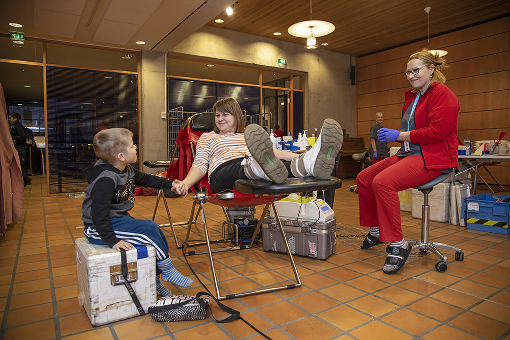 Poika pitämässä äidin kädestä kiinni verenluovutuksen aikana.