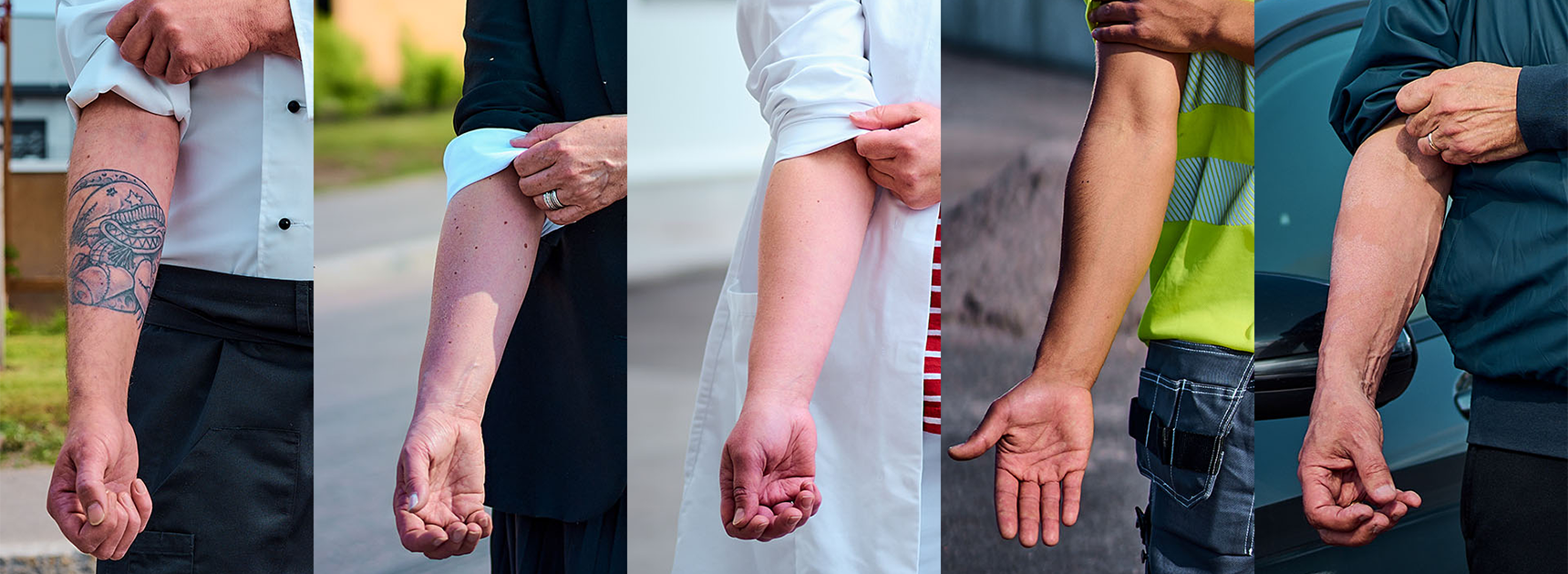 Employees extend their hands to donate blood in a collage image.