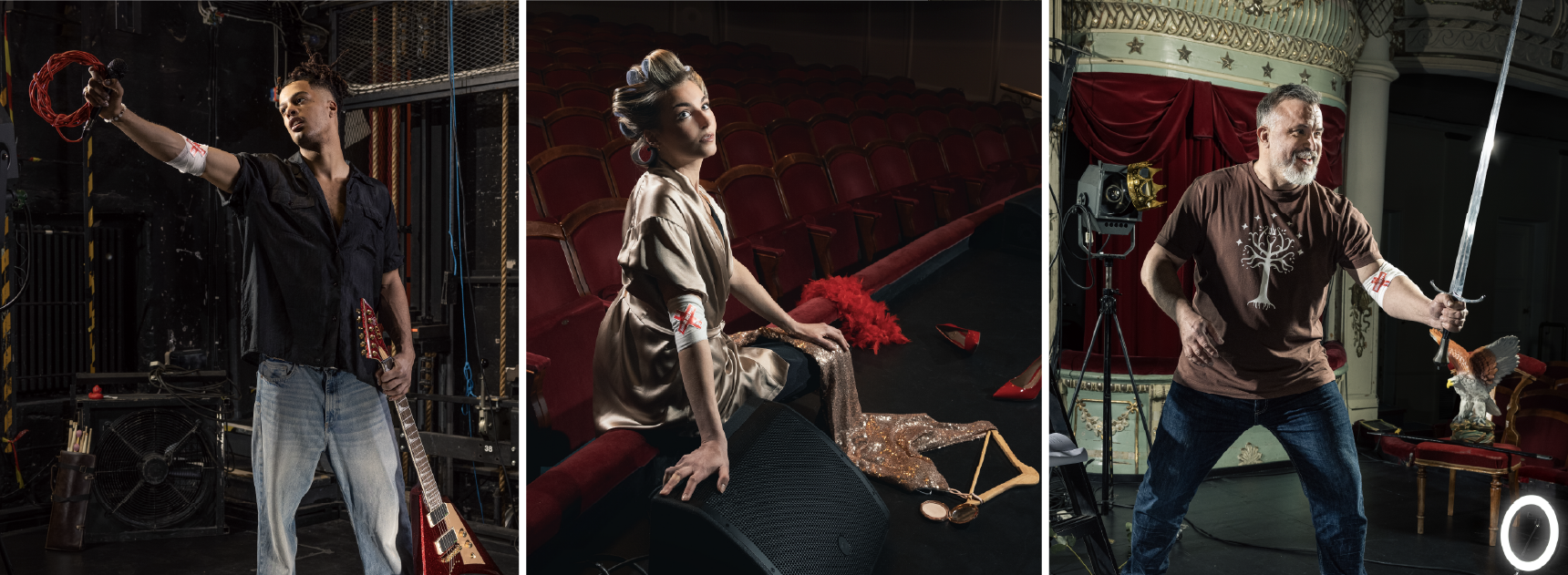 Kollaasikuvassa kolme henkilöä kuvattuna verenluovuttajan sidos kädessään Aleksanterin teatterissa.