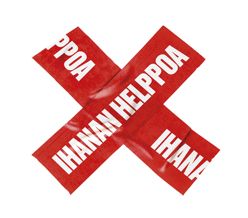 Kaksi punaista tarranauhaa ristissä, teksti Ihanan helppoa.