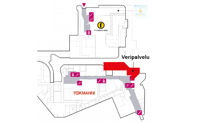 Koskikeskuksen pohjakartta, jossa näkyy Veripalvelun sijainti 0. kerroksessa.