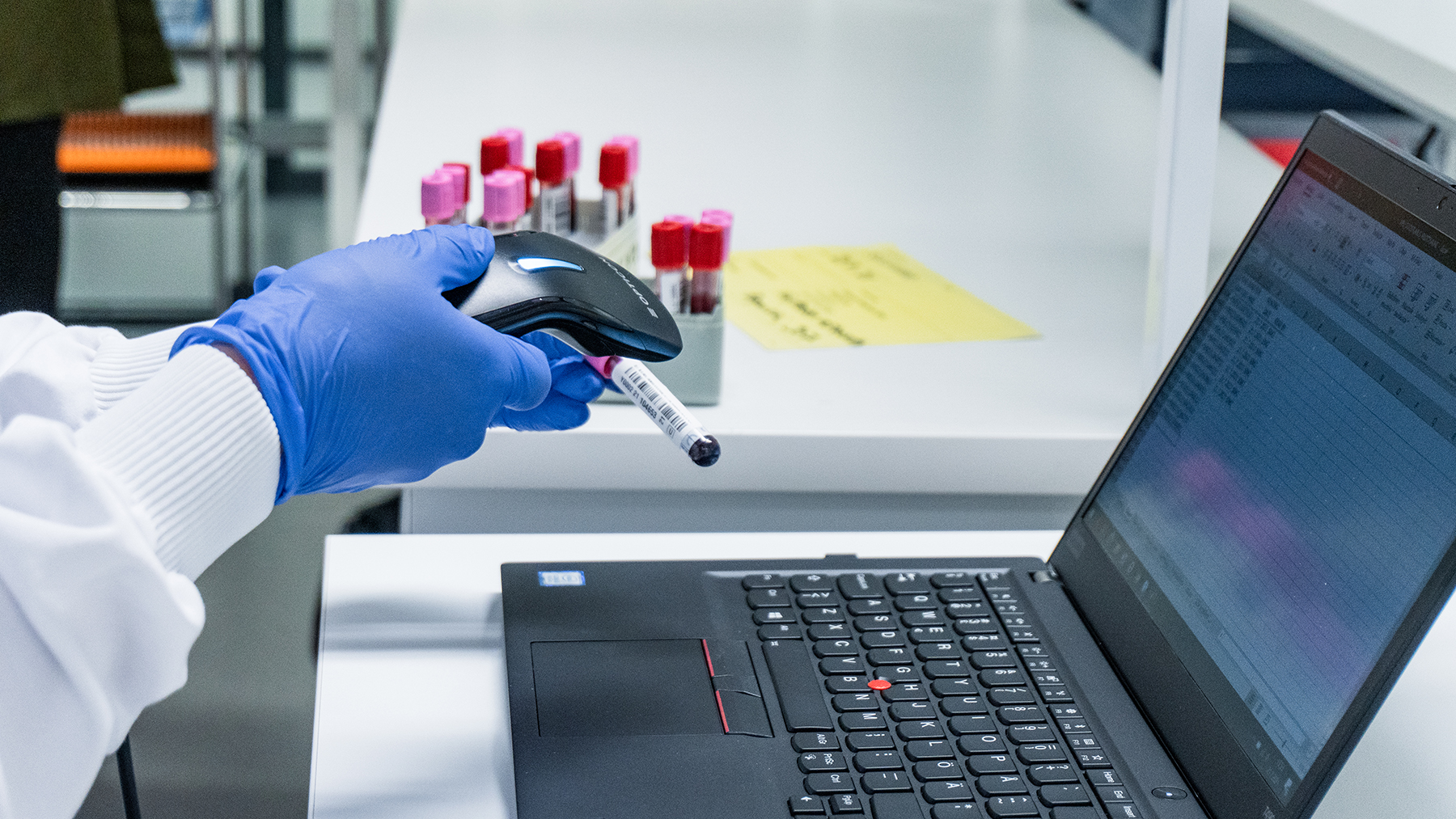 Sinisiin kumihansikkaisiin puetut kädet lukevat biopankin näyteputken viivakoodia.
