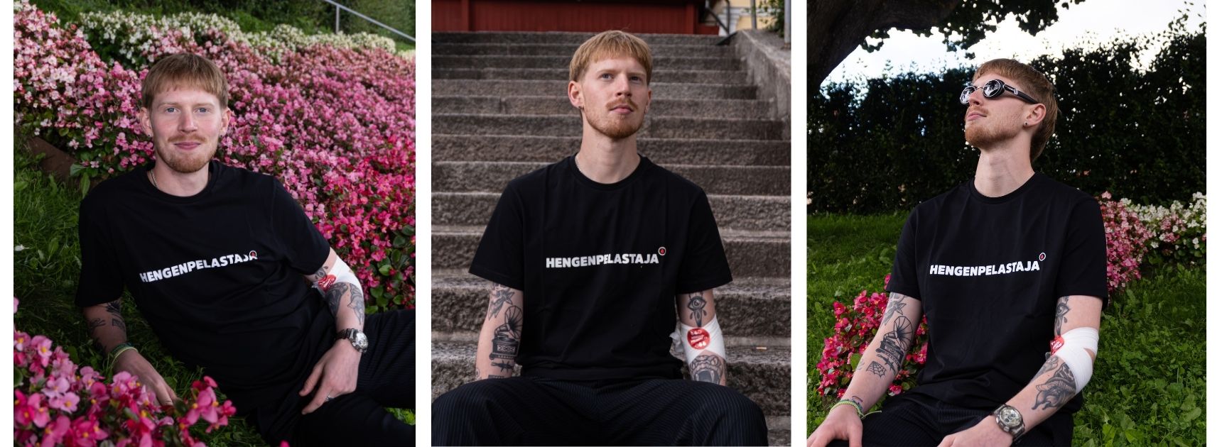 Kolmen kuvan kollaasi miehestä, jolla on päällään hengenpelastaja-t-paita.