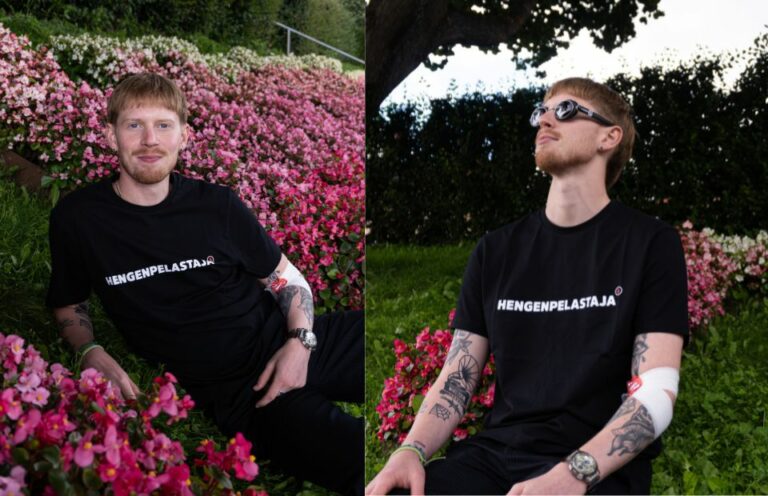 Kahden kuvan kollaasi miehestä, jolla on päällä hengenpelastaja-paita.