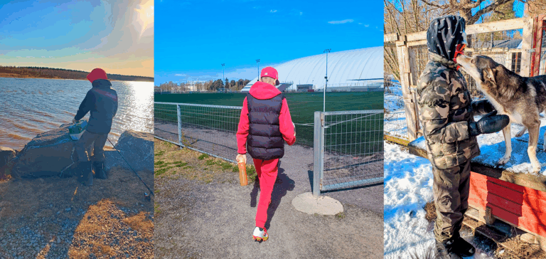 Kuvakollaasi, jossa kuvattu poika kalastamassa, jalkapallokentän laidalla ja koiratarhalla silittämässä koiraa.