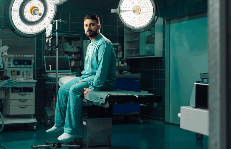 Patienten sitter i operationssalen