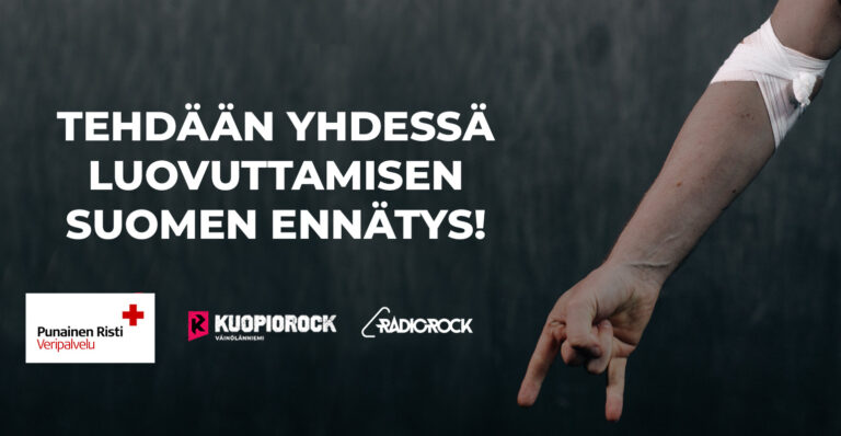 Käsivarsi, jossa verenluovutusside. Teksti: Tehdään yhdessä luovuttamisen Suomen ennätys!