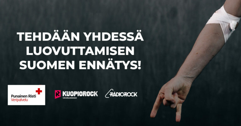 Käsivarsi, jossa verenluovutusside. Teksti: Tehdään yhdessä luovuttamisen Suomen ennätys!