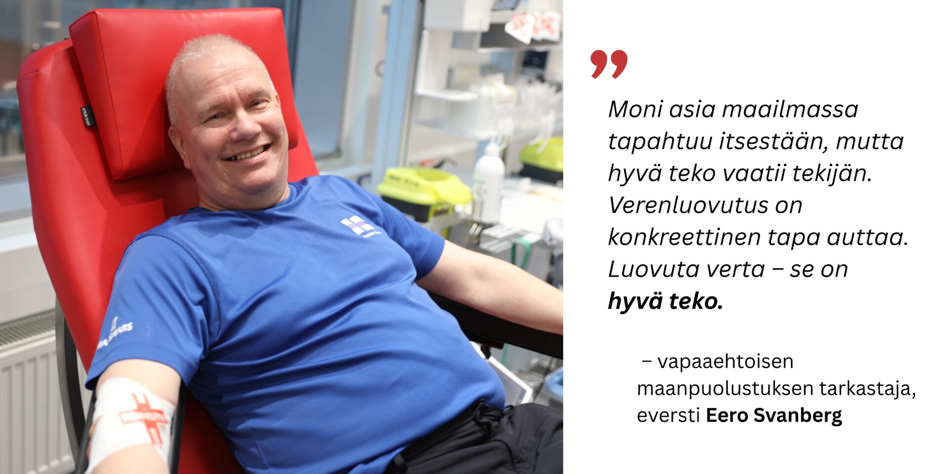 Vapaaehtoisen maanpuolustuksen tarkastaja, eversti Eero Svanberg verenluovutuksessa.
