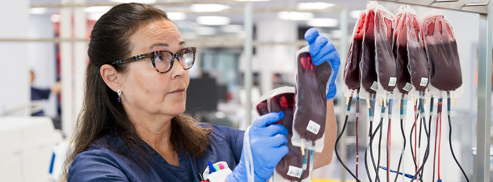 A Blood Service employee handling blood products.